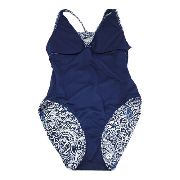 $98 Ellen Tracy Halter V-Neck One Piece Swimsuit Navy White NWT Size 12 Lined - Picture 5 of 12